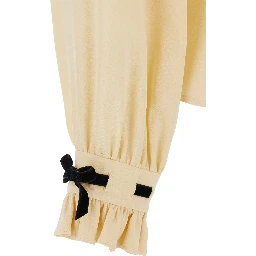 Beige High Neck Shirt with Ruffle Details in Silk Woman