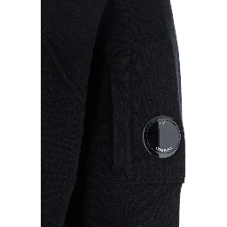 Black Cardigan with Drawstring Hood and Logo Plaque on the Sleeve in Wool Blend Man