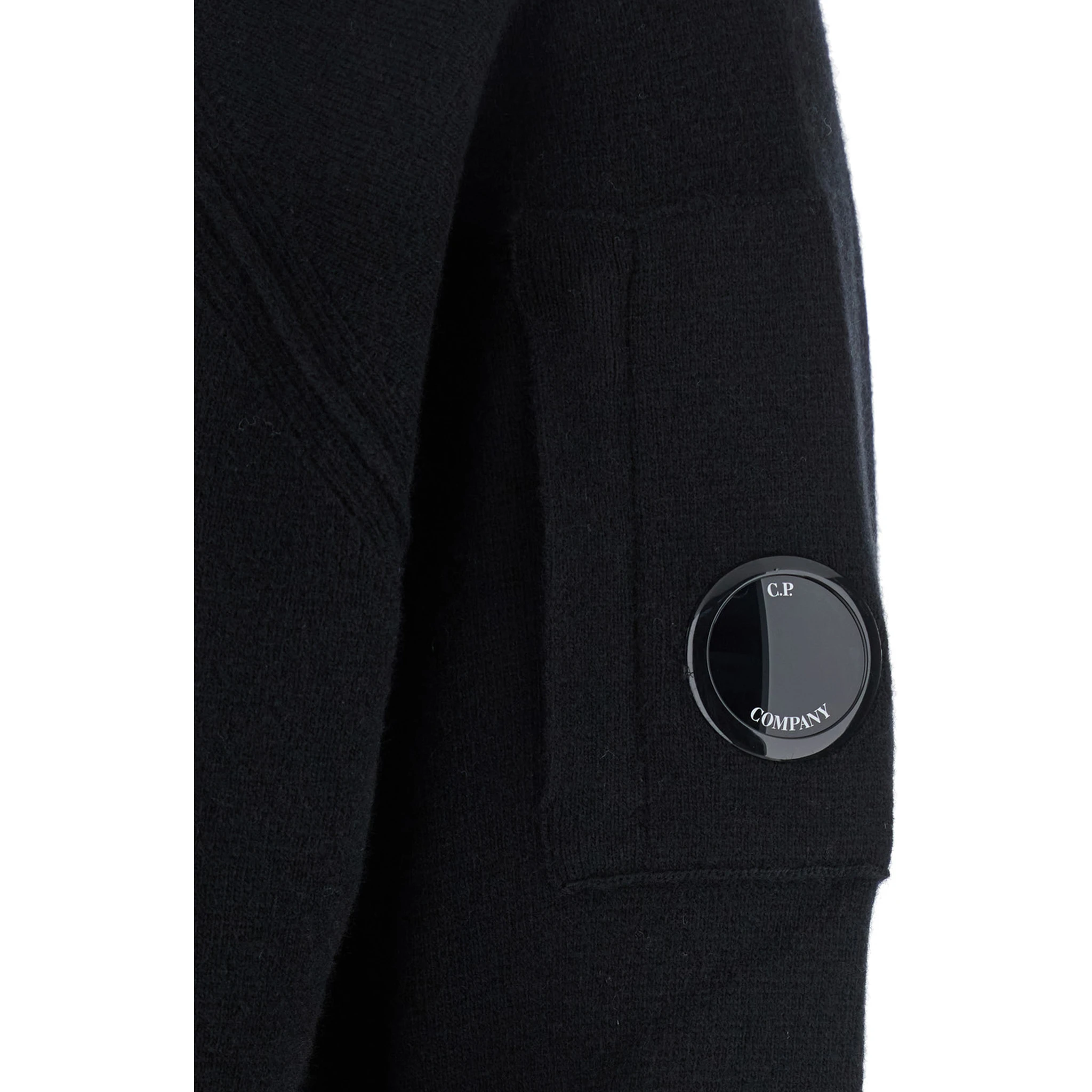 Black Cardigan with Drawstring Hood and Logo Plaque on the Sleeve in Wool Blend Man