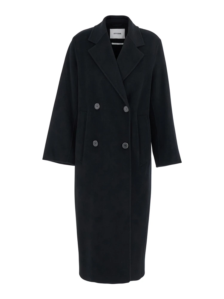 Clara Black Double-Breasted Coat with Notched Revers in Wool Woman