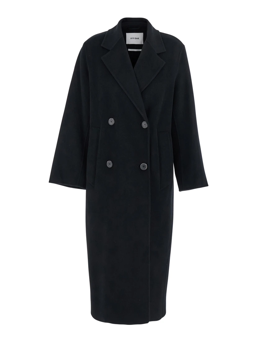 Clara Black Double-Breasted Coat with Notched Revers in Wool Woman