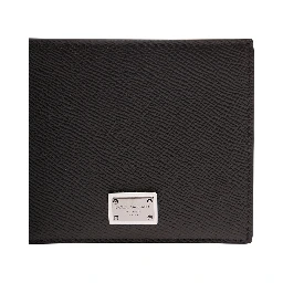 Black Bi-Fold Wallet with Logo Plaque on the Front in Grained Leather Man