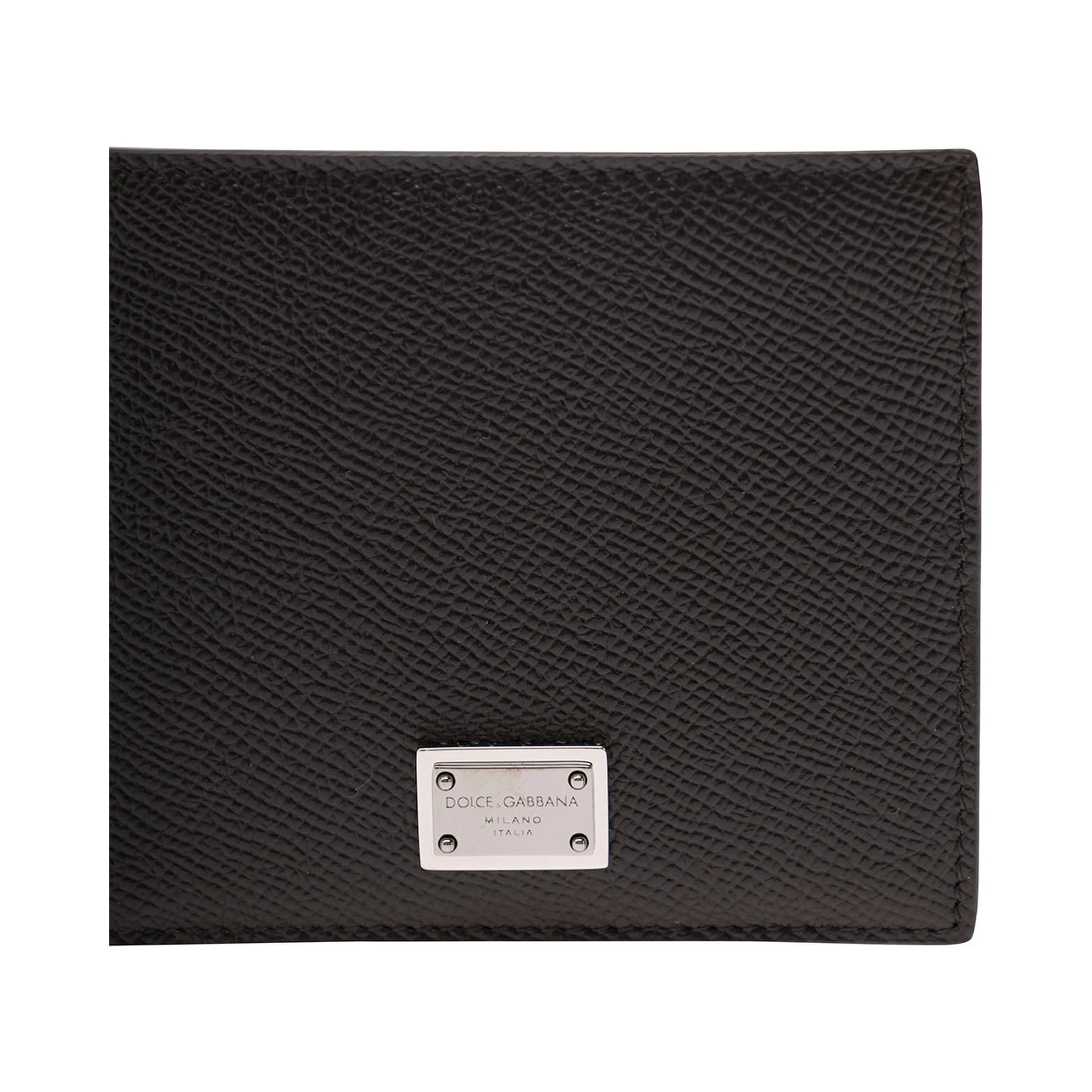Black Bi-Fold Wallet with Logo Plaque on the Front in Grained Leather Man
