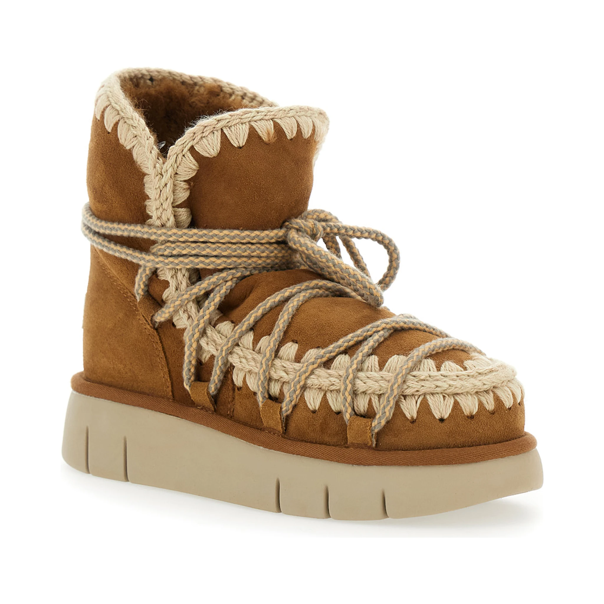 Beige Ankle Boots with Lace Closure and Tassel Detail in Leather Woman