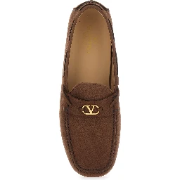 Brown Loafers with Round Toe and VLogo Plaque in Suede Man