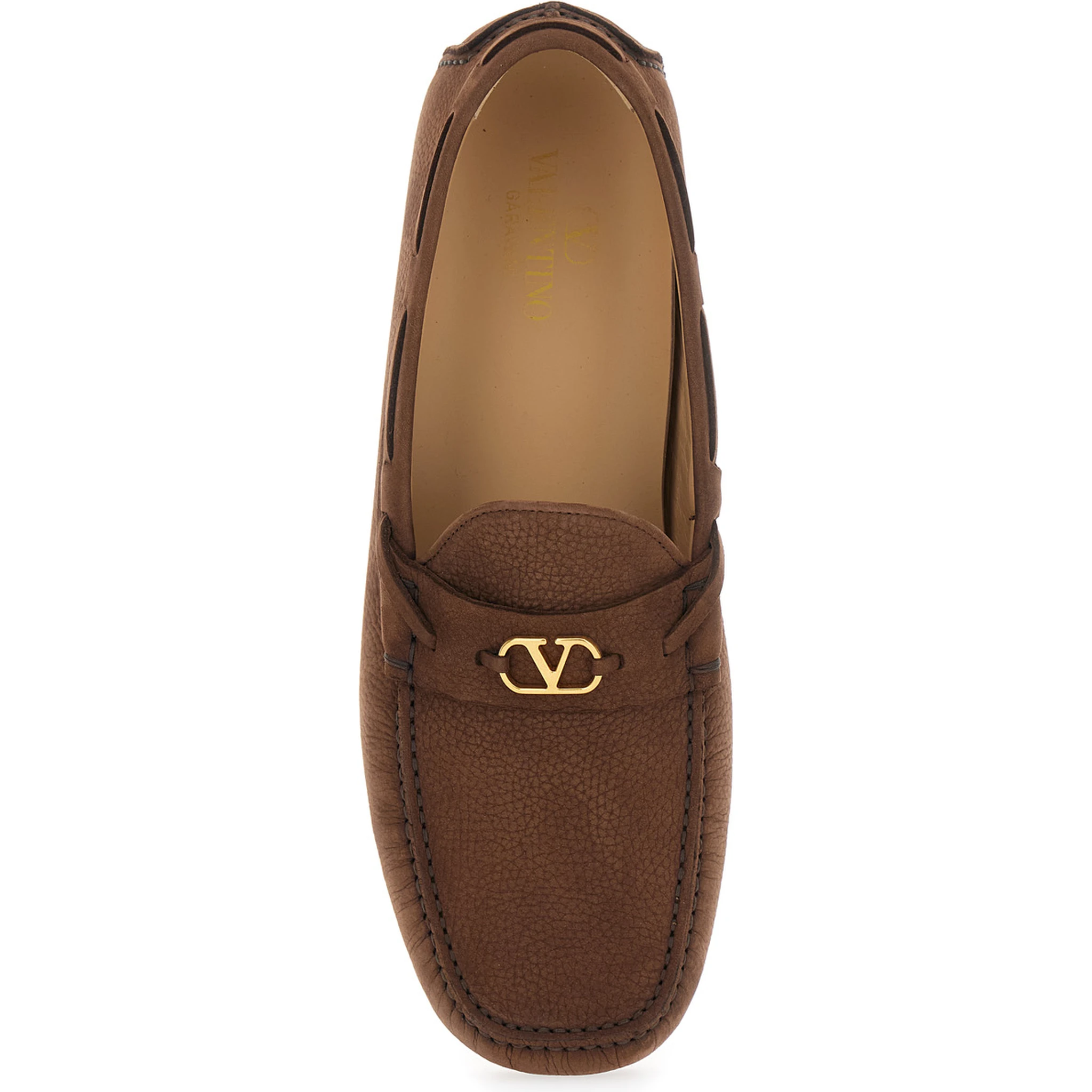 Brown Loafers with Round Toe and VLogo Plaque in Suede Man