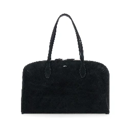 Black Shoulder Bag with Embossed Logo Lettering on the Front in Suede Woman