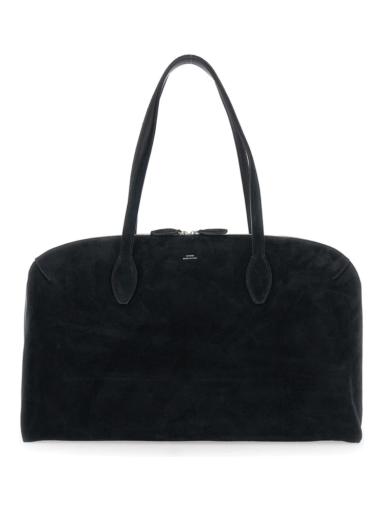 Black Shoulder Bag with Embossed Logo Lettering on the Front in Suede Woman