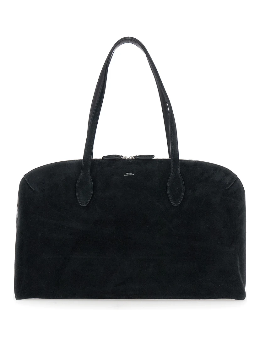 Black Shoulder Bag with Embossed Logo Lettering on the Front in Suede Woman