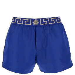 Blue Swim Shorts with Elastic Waist with Greca Motif in Tech Fabric Man