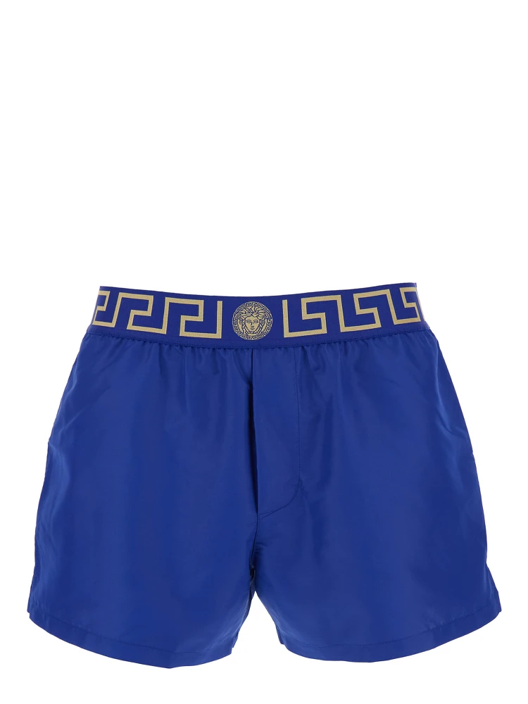 Blue Swim Shorts with Elastic Waist with Greca Motif in Tech Fabric Man