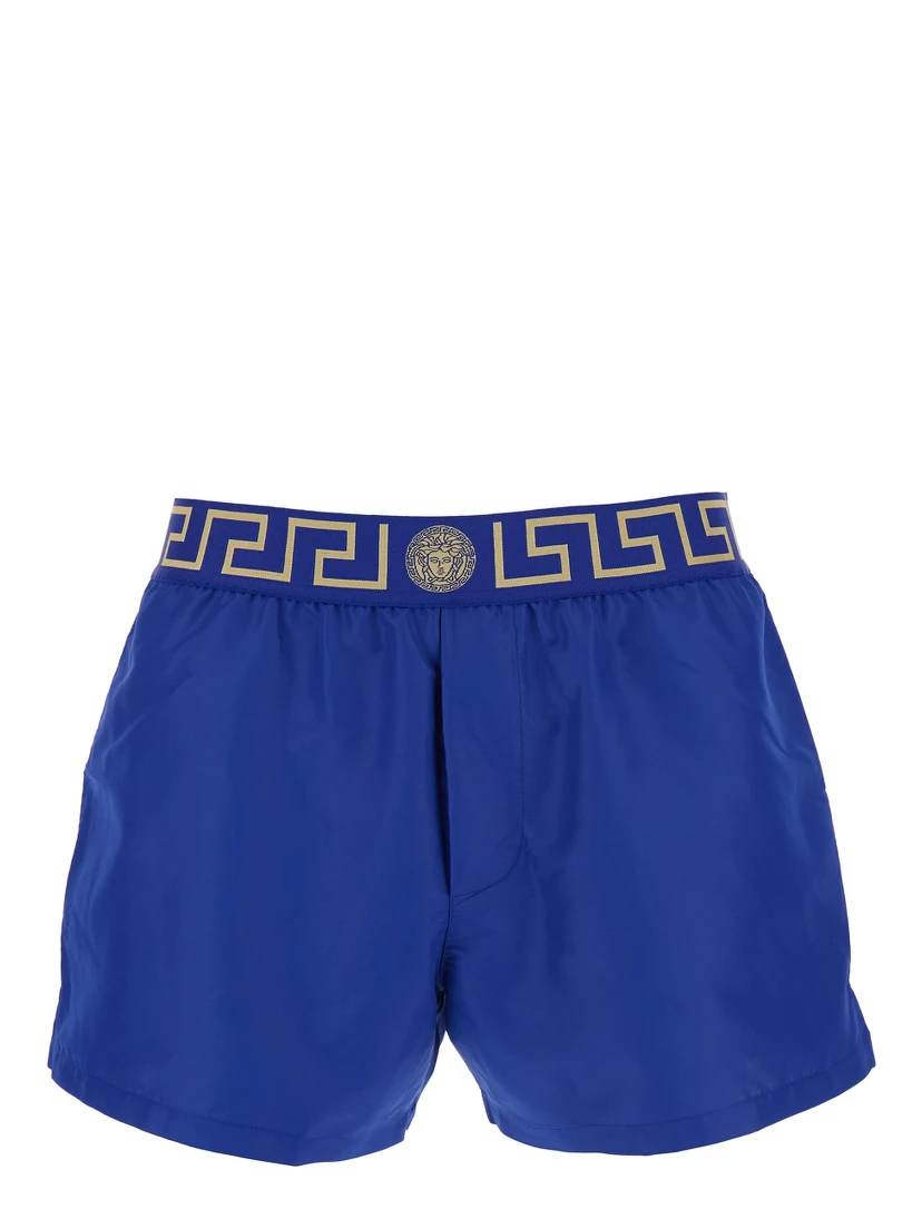 Blue Swim Shorts with Elastic Waist with Greca Motif in Tech Fabric Man