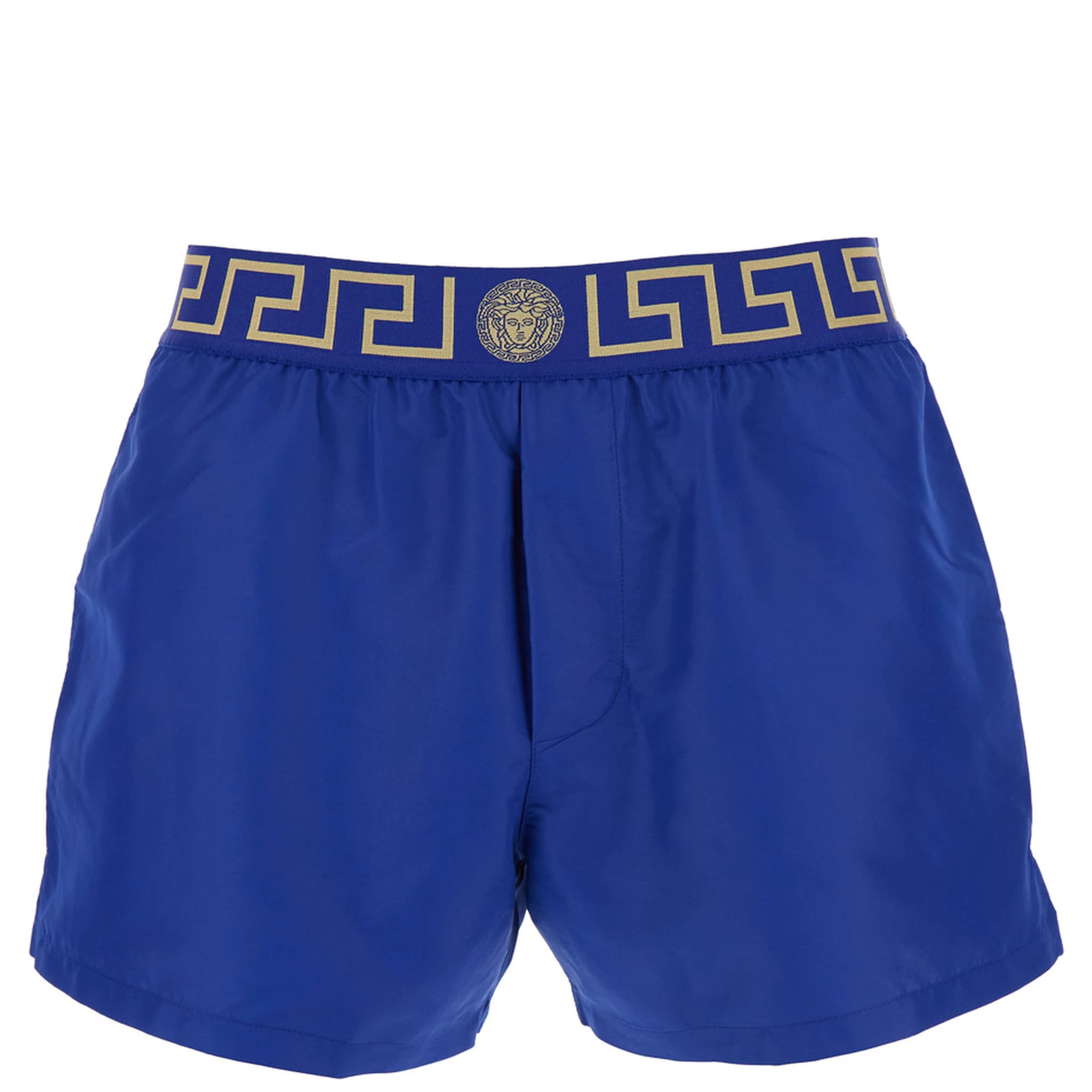 Blue Swim Shorts with Elastic Waist with Greca Motif in Tech Fabric Man