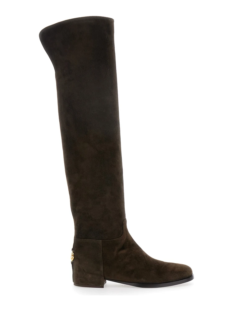 Brown Knee-High Boots with Back Logo Plaque in Suede Woman