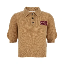 Beige Polo Sweater with Classic Collar and Logo Patch on the Front in Cashmere Woman