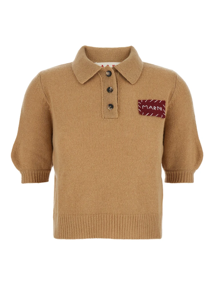 Beige Polo Sweater with Classic Collar and Logo Patch on the Front in Cashmere Woman