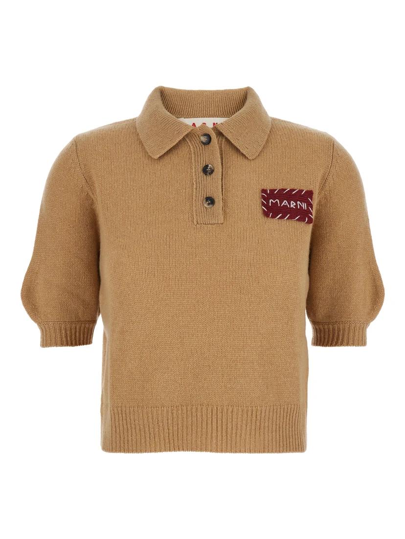 Beige Polo Sweater with Classic Collar and Logo Patch on the Front in Cashmere Woman