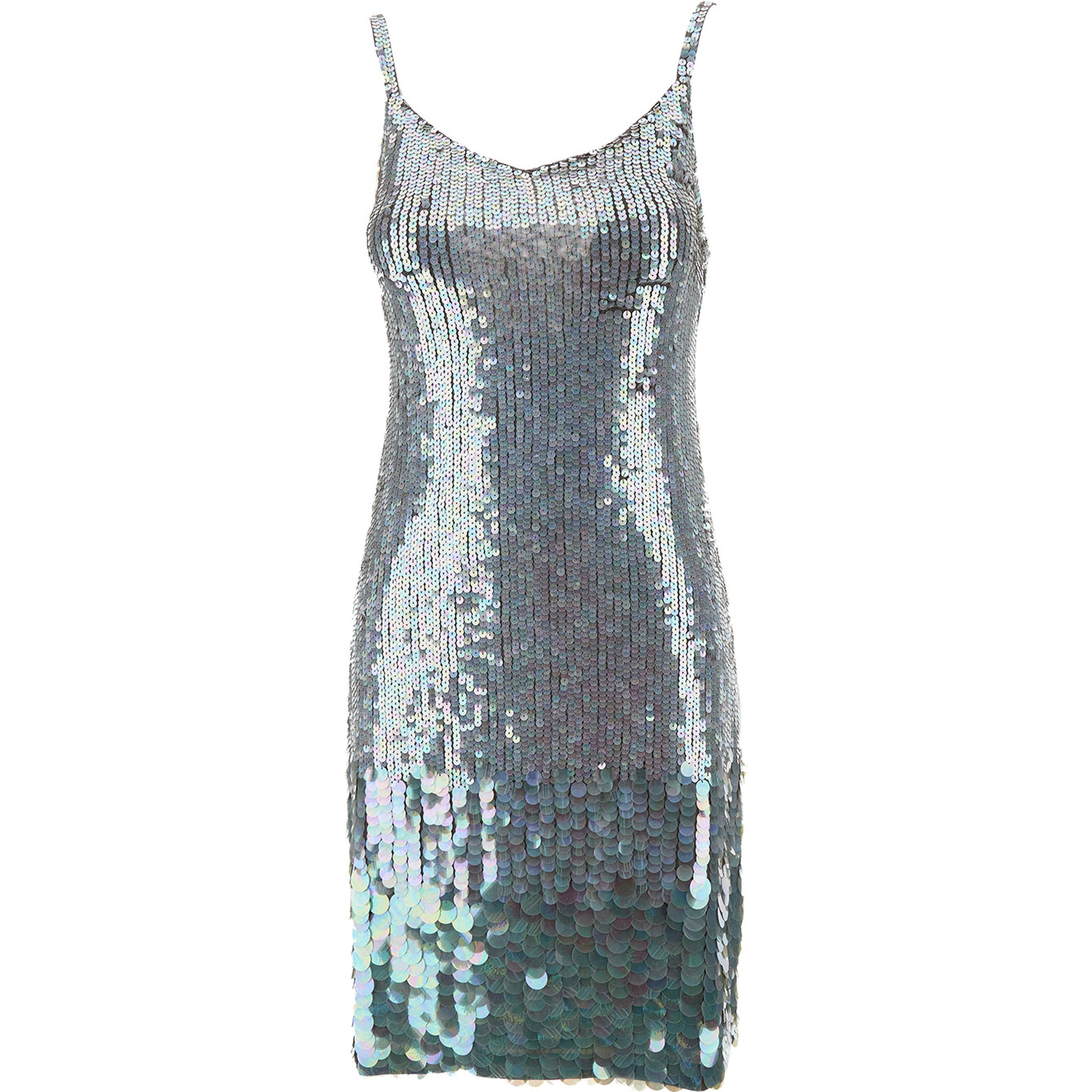 Mini Grey Dress with All-Over Multicolor Sequins in Stretch Polyamide Woman