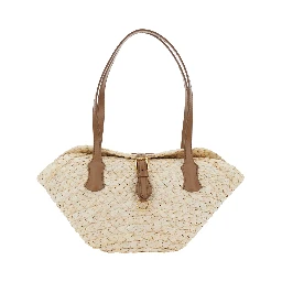 حقيبة كتف بيج اللون بمقبضين علويين وتصميم متشابك من الرافيا للنساء