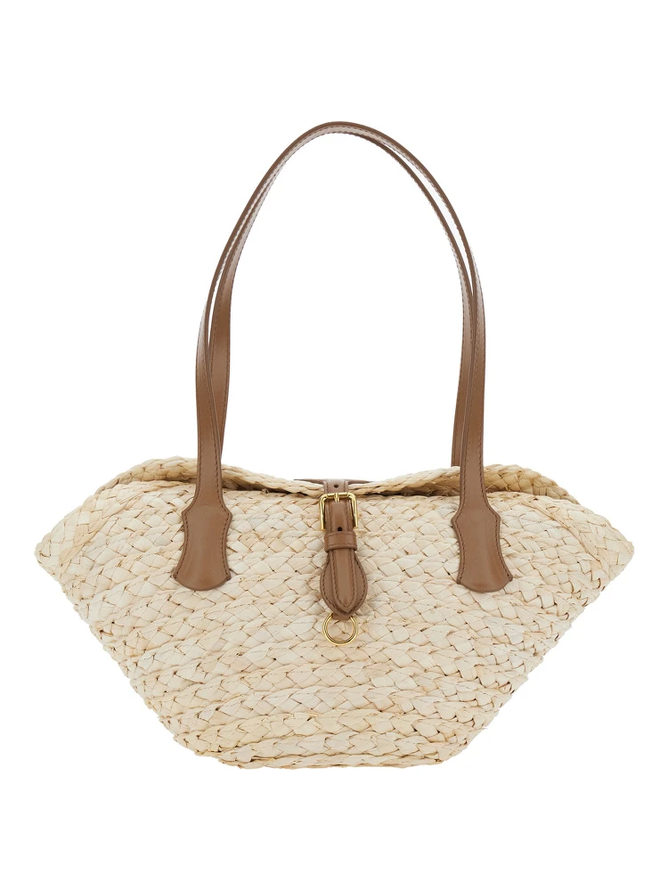 Beige Shoulder Bag with Two Top Handles and Interwoven Design in Raffia Woman