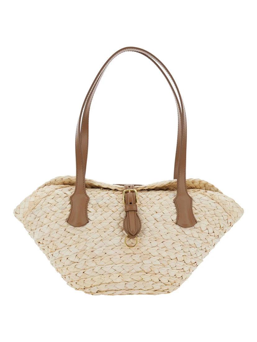 Beige Shoulder Bag with Two Top Handles and Interwoven Design in Raffia Woman