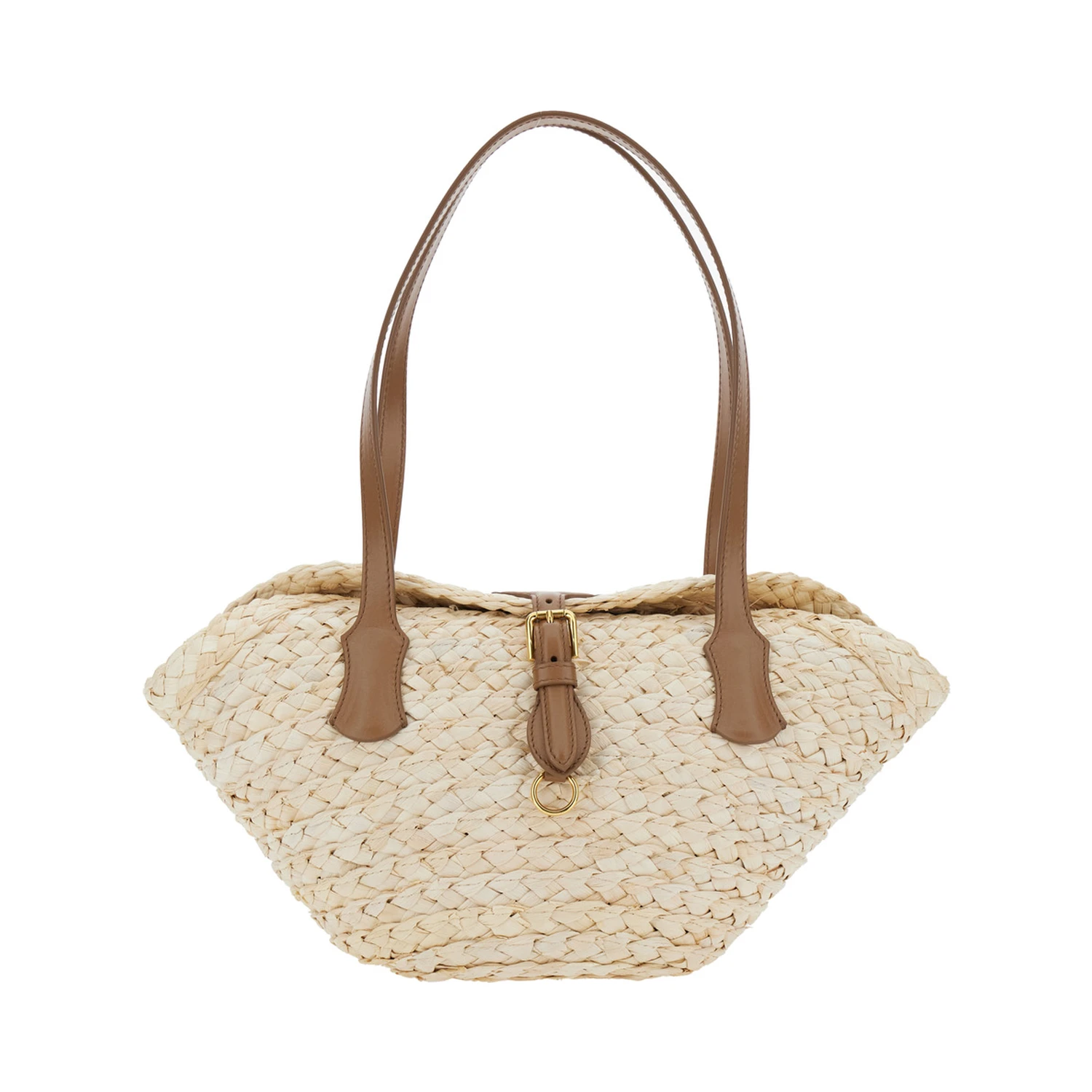 Beige Shoulder Bag with Two Top Handles and Interwoven Design in Raffia Woman
