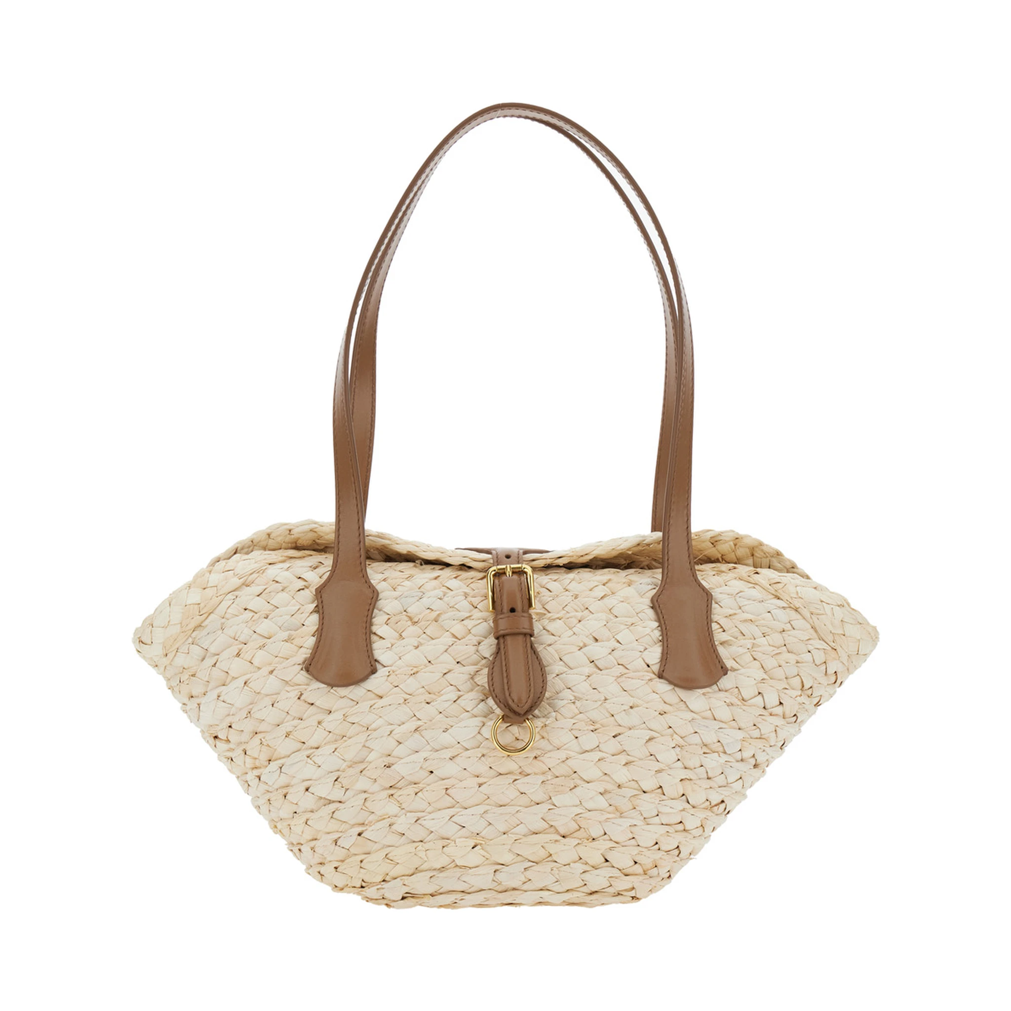 حقيبة كتف بيج اللون بمقبضين علويين وتصميم متشابك من الرافيا للنساء