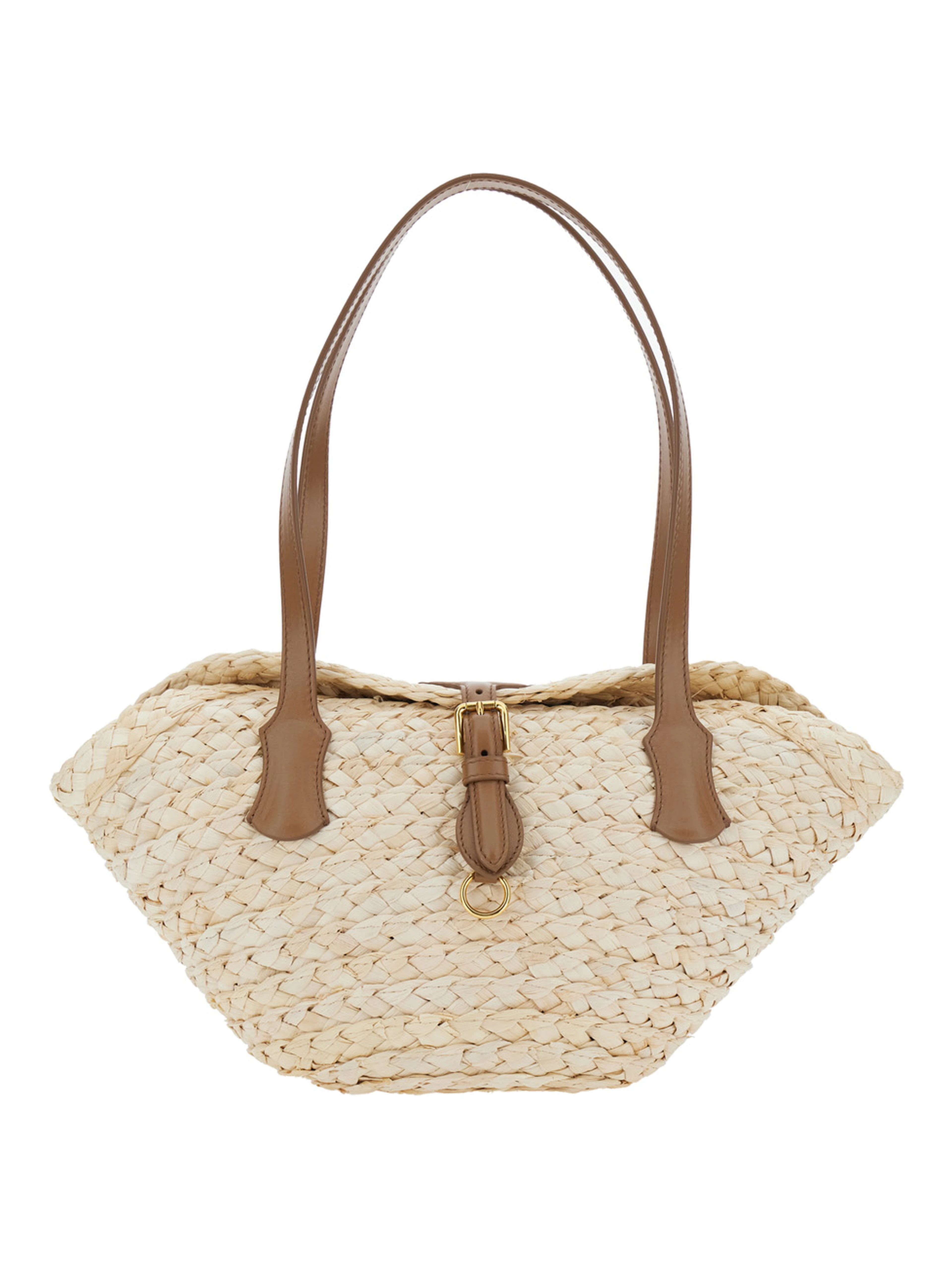 Beige Shoulder Bag with Two Top Handles and Interwoven Design in Raffia Woman