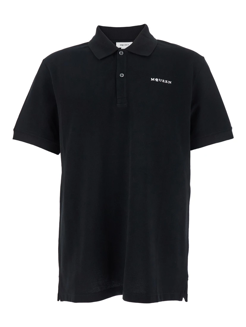 Black Polo Shirt with Classic Collar and Logo Lettering Embroidery on the Front in Cotton Man