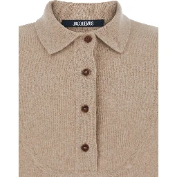 La Maille Vareuse Pallone Beige Sweater with Polo Shirt Style Collar in Wool and Cashmere Stretch Woman