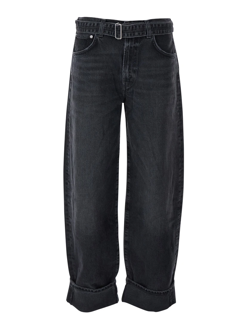 Arcane Grey Jeans with Belt and Turn-Up Hem in Denim Woman