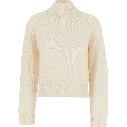 White High Neck Jumper with Ribbed Design in Cashmere Woman