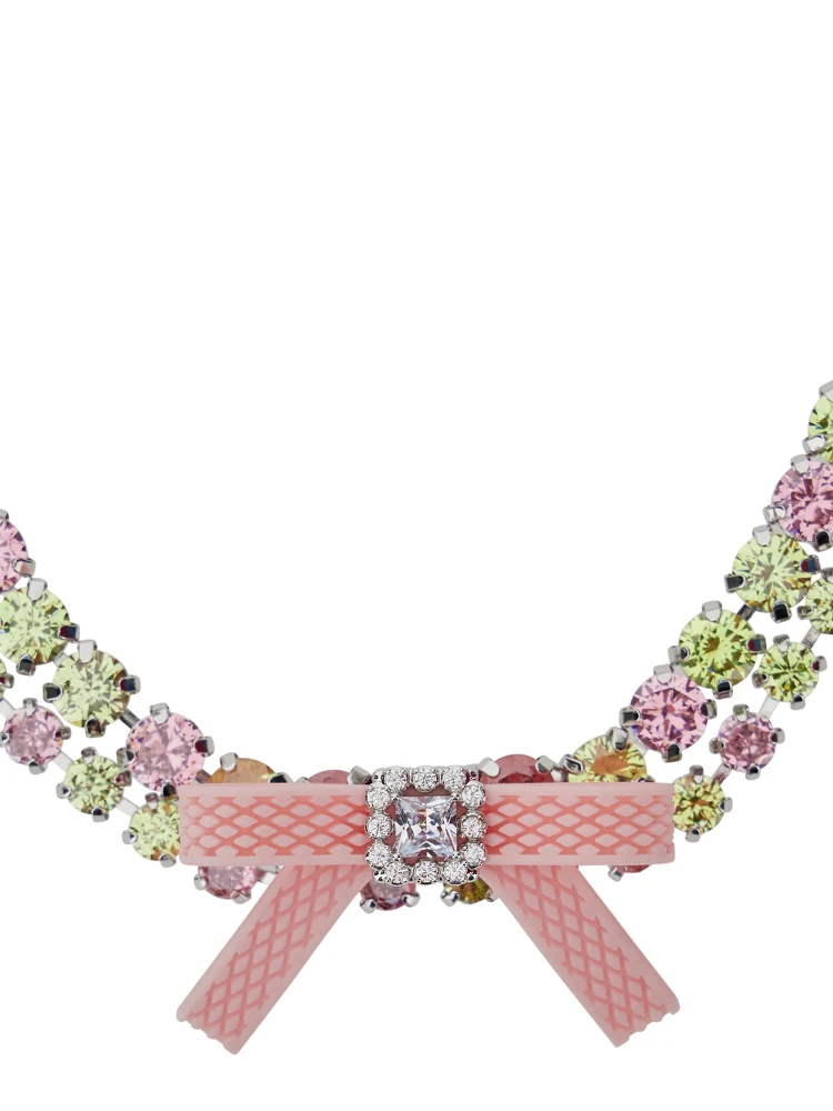 Pink Necklace with All-Over Gemstone Embellishments and Bow Detail in Silver and Gemstones Woman alternative