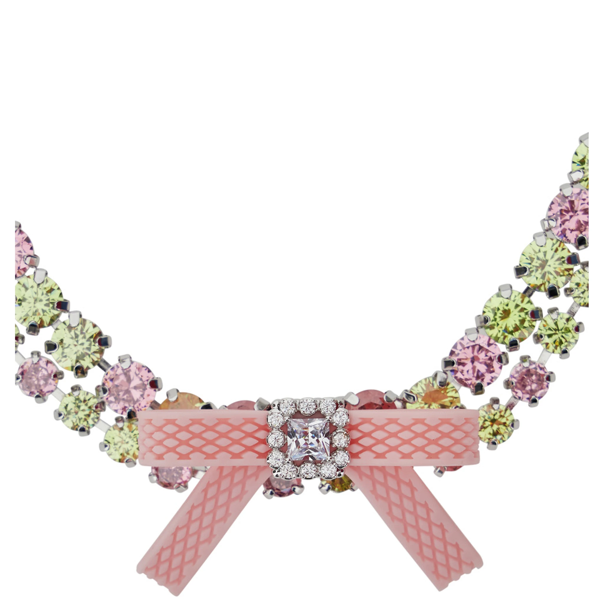Pink Necklace with All-Over Gemstone Embellishments and Bow Detail in Silver and Gemstones Woman