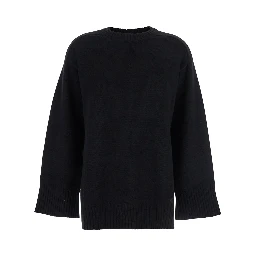 Black Crew Neck Sweater with Knitted Design in Wool Woman