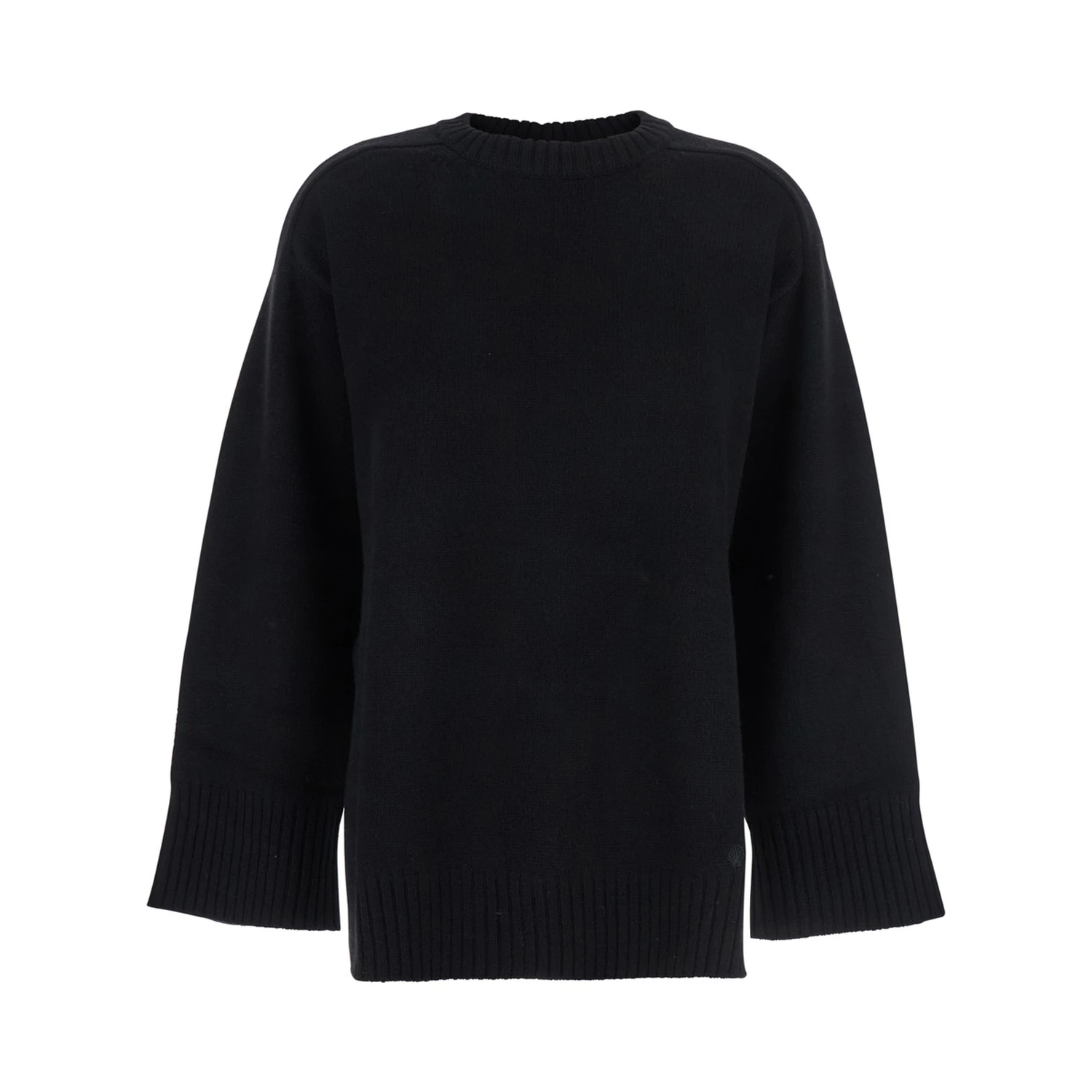 Black Crew Neck Sweater with Knitted Design in Wool Woman