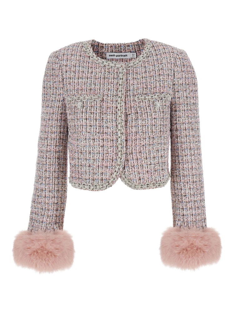 Pink Crewneck Jacket with Crystal Embellishments and Ecofur Cuffs in Tech Fabric Woman