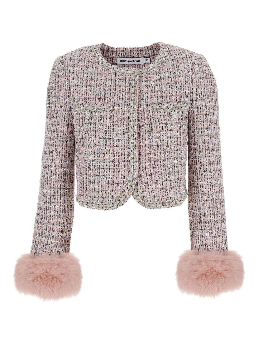 Pink Crewneck Jacket with Crystal Embellishments and Ecofur Cuffs in Tech Fabric Woman