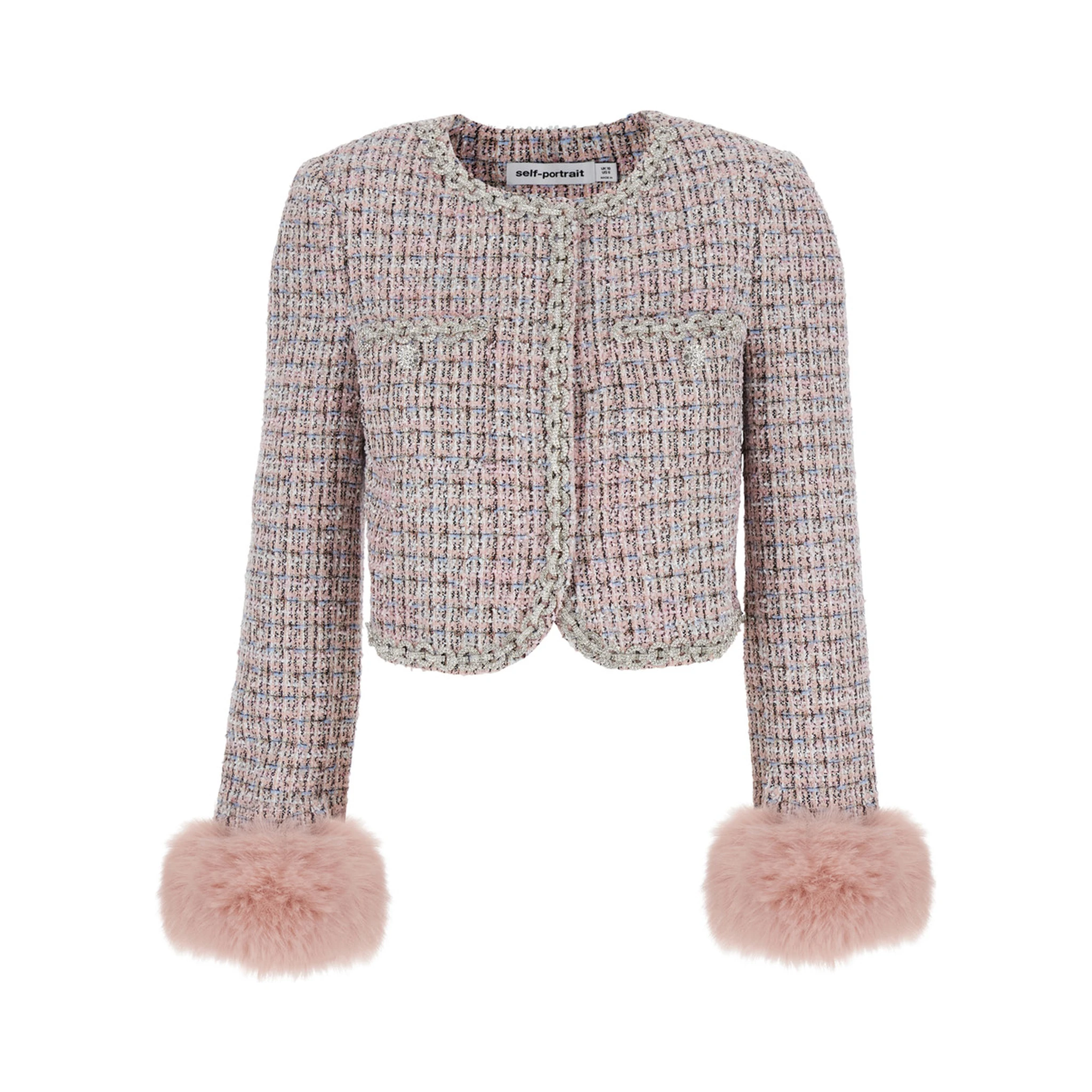 Pink Crewneck Jacket with Crystal Embellishments and Ecofur Cuffs in Tech Fabric Woman