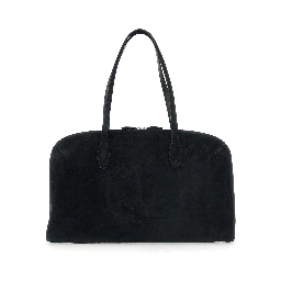 Black Shoulder Bag with Embossed Logo Lettering on the Front in Suede Woman
