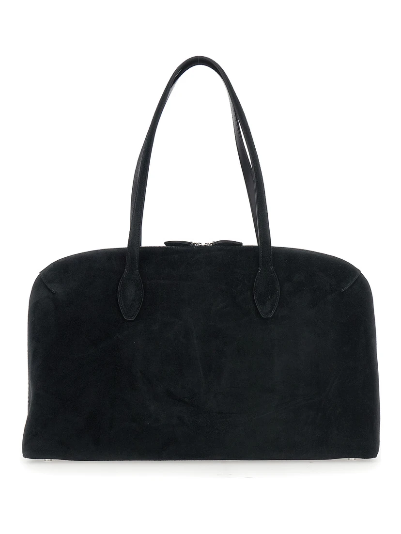 Black Shoulder Bag with Embossed Logo Lettering on the Front in Suede Woman