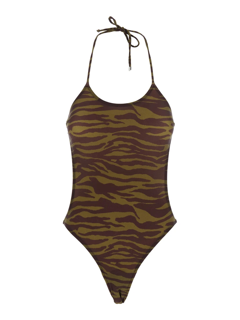 Green Swimsuit with Halterneck with Tie and All-Over Print in Tech Fabric Stretch Woman
