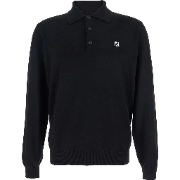 Black Long-Sleeve Polo Shirt with Classic Collar and FF Plaque on the Front in Wool Man