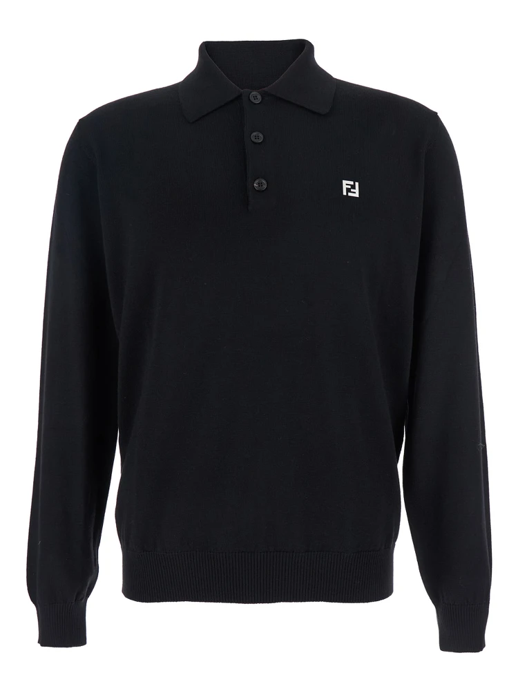 Black Long-Sleeve Polo Shirt with Classic Collar and FF Plaque on the Front in Wool Man