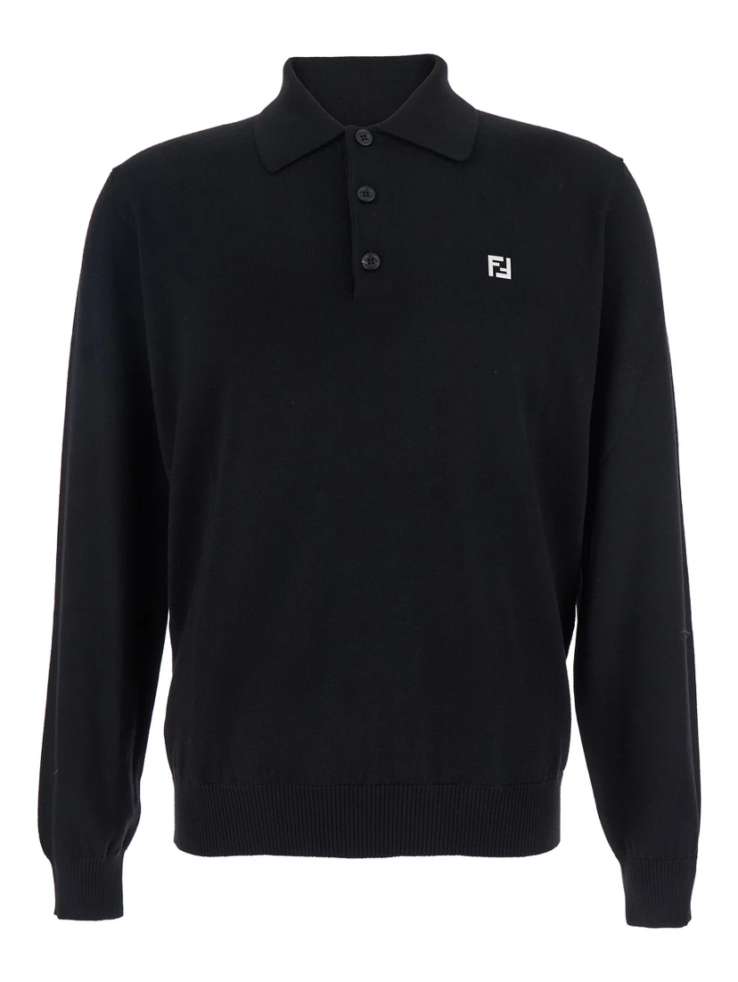 Black Long-Sleeve Polo Shirt with Classic Collar and FF Plaque on the Front in Wool Man