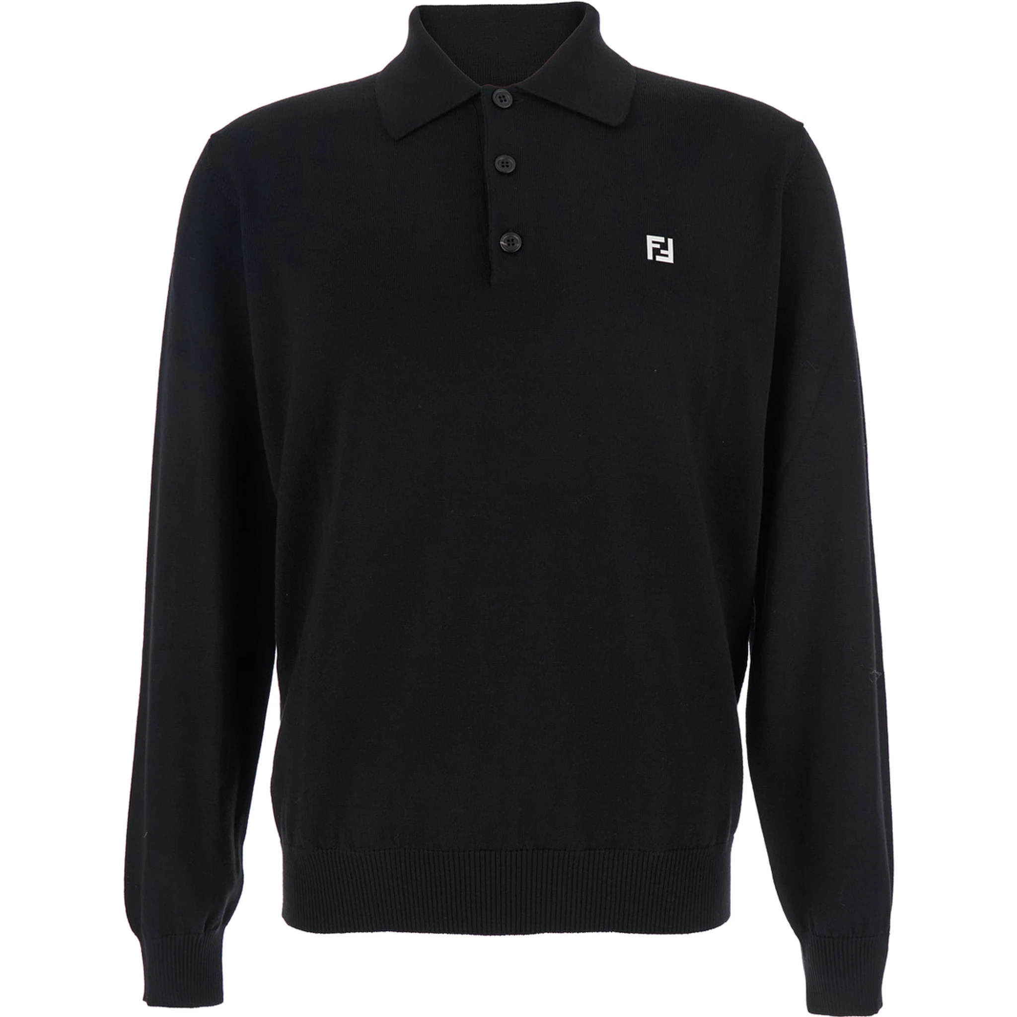 Black Long-Sleeve Polo Shirt with Classic Collar and FF Plaque on the Front in Wool Man