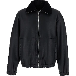 Black Shearling Jacket with Dropped Shoulders and FF Patch on the Rear in Leather Man