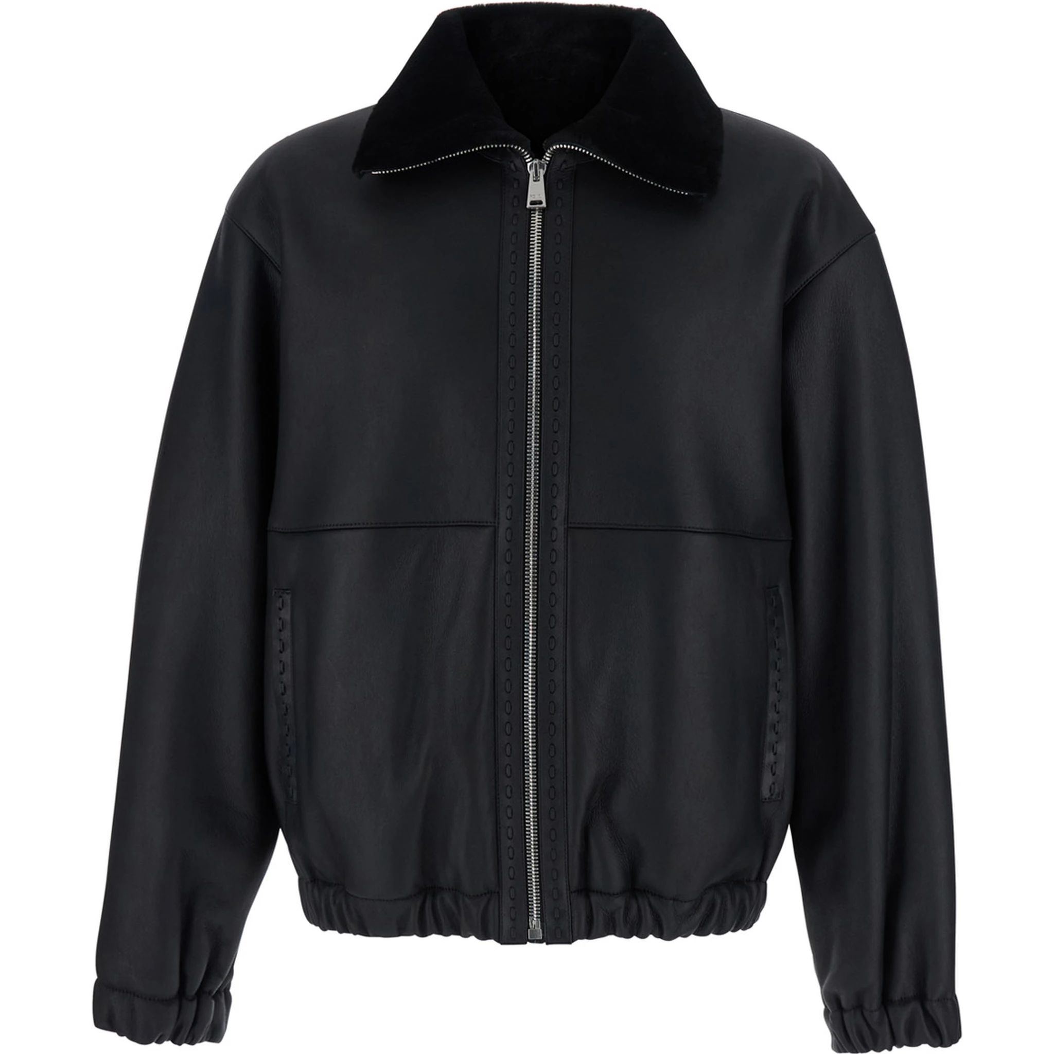 Black Shearling Jacket with Dropped Shoulders and FF Patch on the Rear in Leather Man