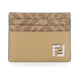 Beige Card Holder with FF Plaque on the Front in Leather Man