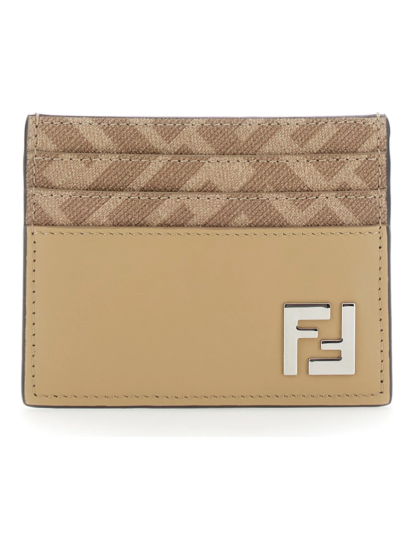 Beige Card Holder with FF Plaque on the Front in Leather Man